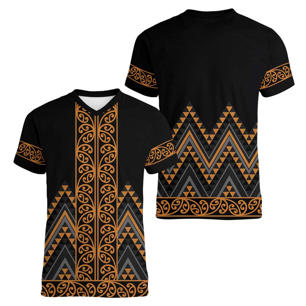 Gold Aotearoa Mangopare Kowhaiwhai and Niho Taniwha Women V-Neck T-Shirt Maori New Zealand