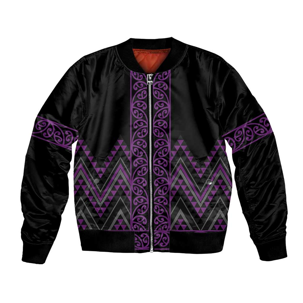 Purple Aotearoa Mangopare Kowhaiwhai and Niho Taniwha Bomber Jacket Maori New Zealand