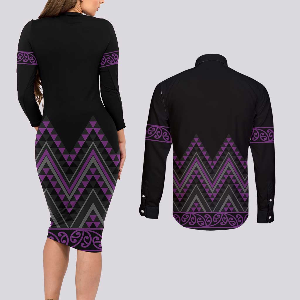 Purple Aotearoa Mangopare Kowhaiwhai and Niho Taniwha Couples Matching Long Sleeve Bodycon Dress and Long Sleeve Button Shirt Maori New Zealand LT14 - Polynesian Pride