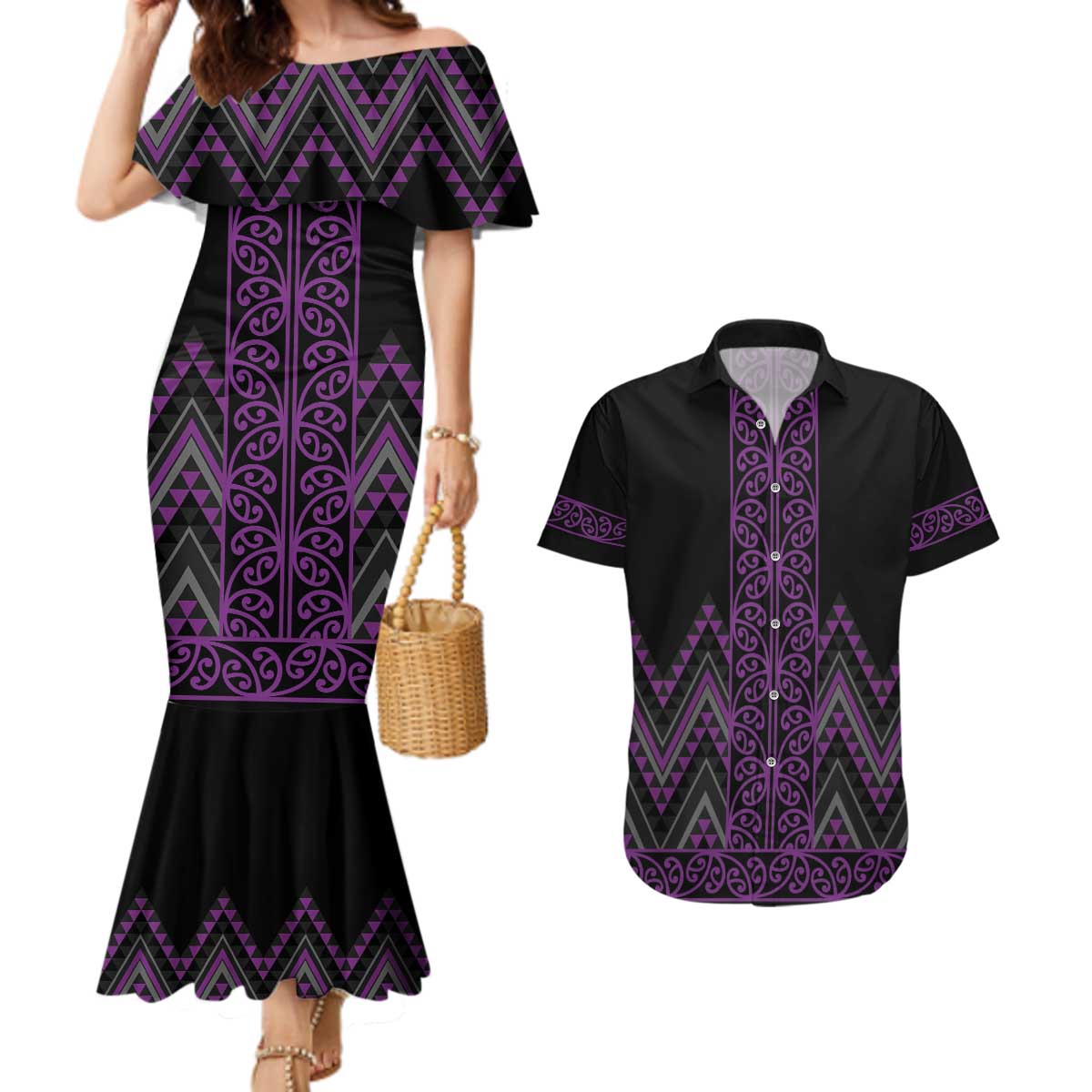 Purple Aotearoa Mangopare Kowhaiwhai and Niho Taniwha Couples Matching Mermaid Dress and Hawaiian Shirt Maori New Zealand