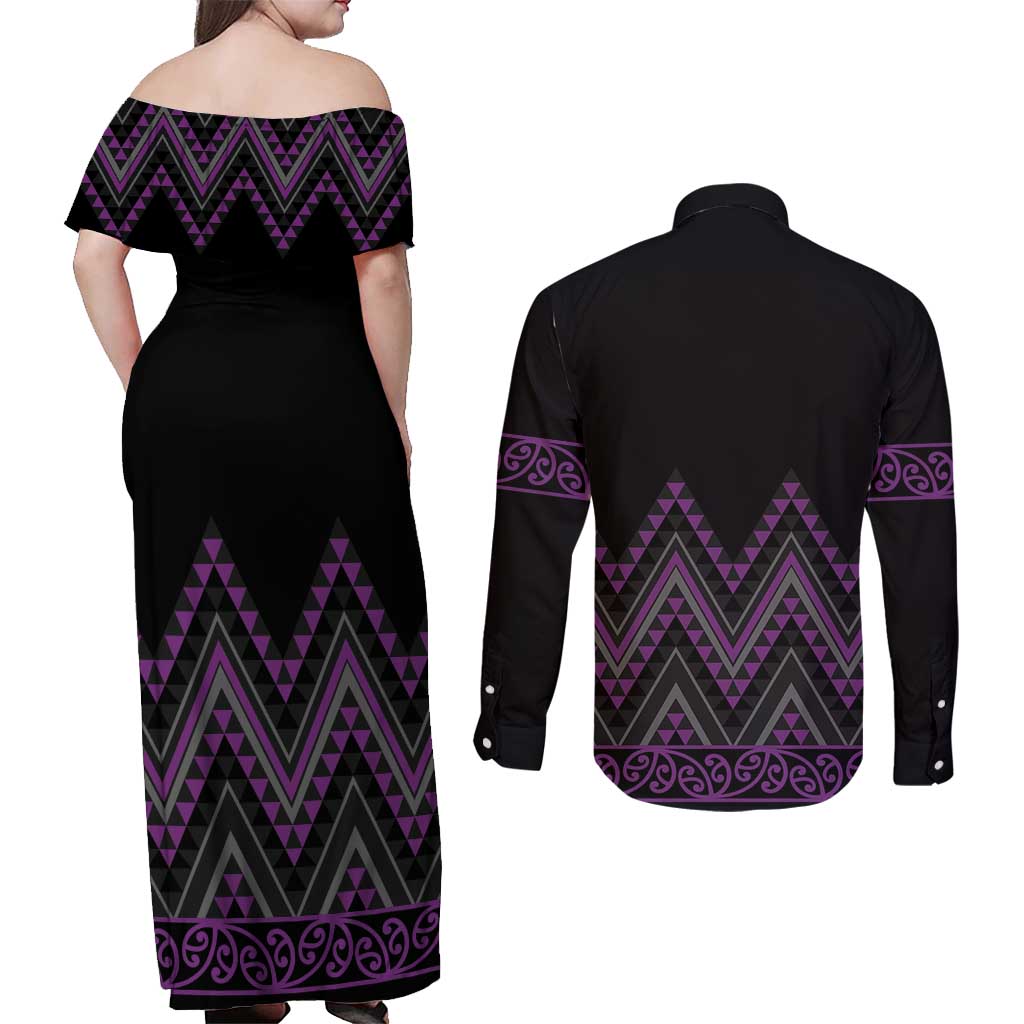 Purple Aotearoa Mangopare Kowhaiwhai and Niho Taniwha Couples Matching Off Shoulder Maxi Dress and Long Sleeve Button Shirt Maori New Zealand LT14 - Polynesian Pride