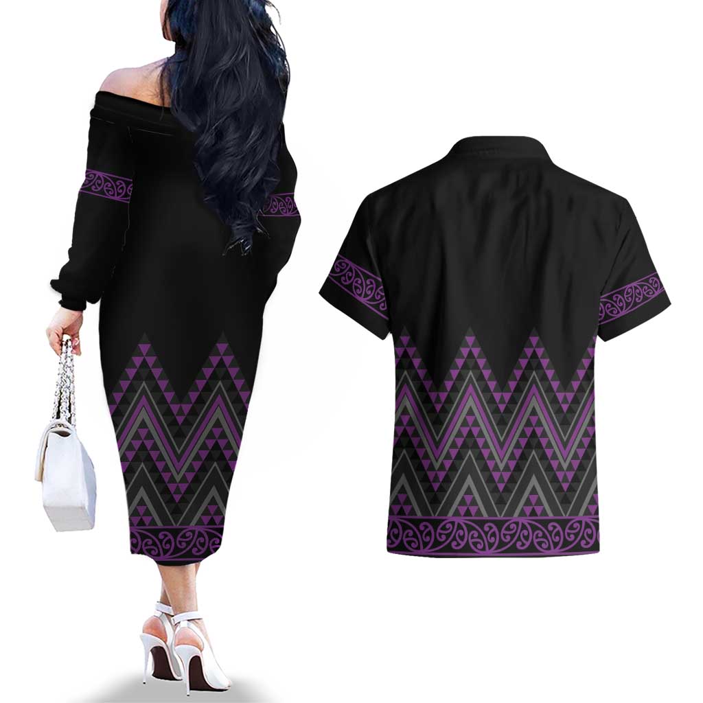 Purple Aotearoa Mangopare Kowhaiwhai and Niho Taniwha Couples Matching Off The Shoulder Long Sleeve Dress and Hawaiian Shirt Maori New Zealand LT14 - Polynesian Pride