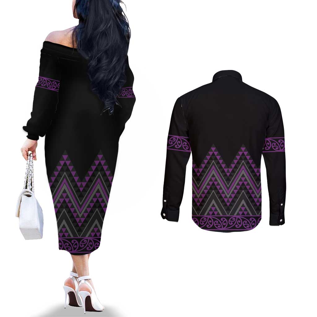 Purple Aotearoa Mangopare Kowhaiwhai and Niho Taniwha Couples Matching Off The Shoulder Long Sleeve Dress and Long Sleeve Button Shirt Maori New Zealand LT14 - Polynesian Pride