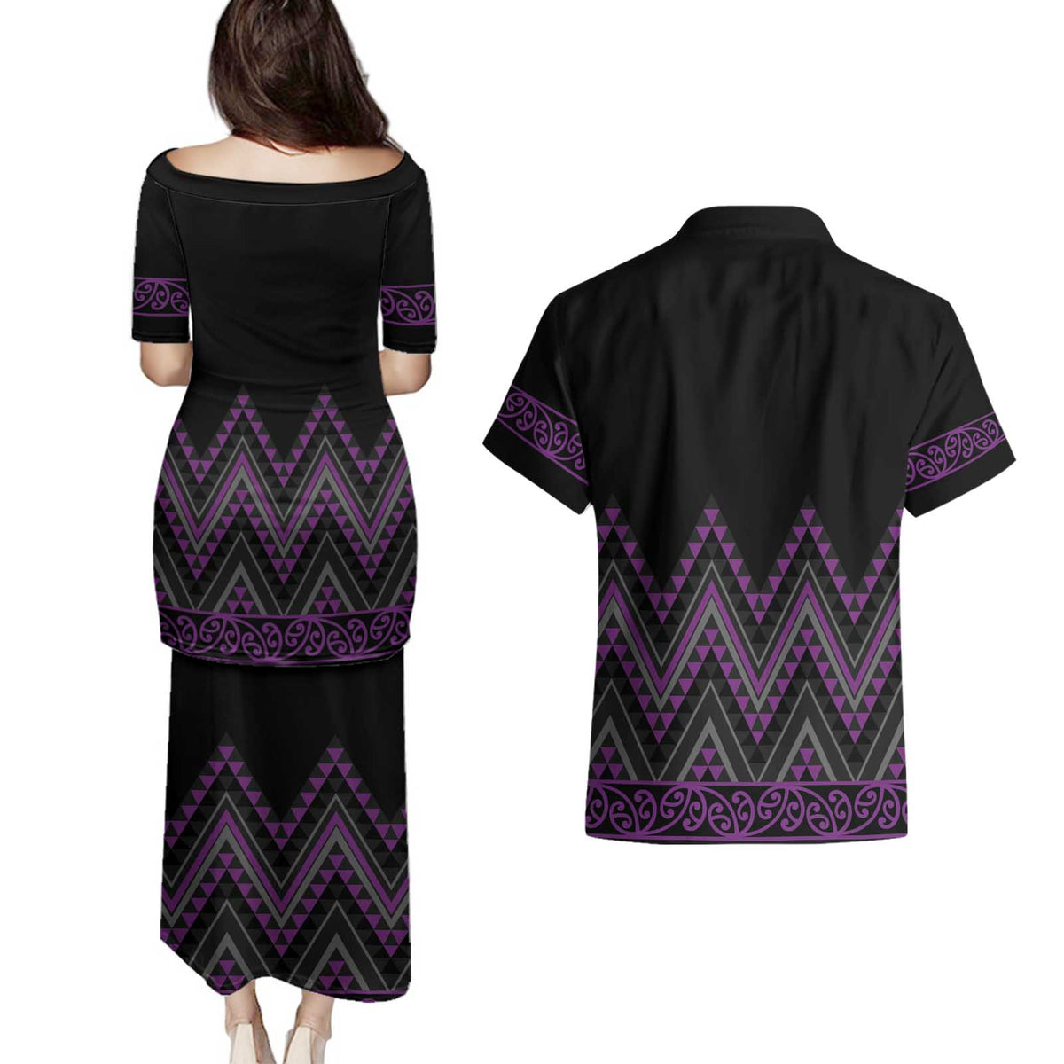 Purple Aotearoa Mangopare Kowhaiwhai and Niho Taniwha Couples Matching Puletasi and Hawaiian Shirt Maori New Zealand LT14 - Polynesian Pride
