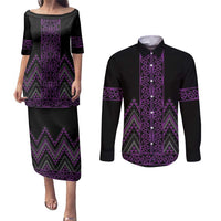 Purple Aotearoa Mangopare Kowhaiwhai and Niho Taniwha Couples Matching Puletasi and Long Sleeve Button Shirt Maori New Zealand LT14 Purple - Polynesian Pride