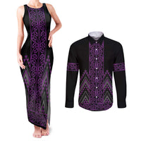 Purple Aotearoa Mangopare Kowhaiwhai and Niho Taniwha Couples Matching Tank Maxi Dress and Long Sleeve Button Shirt Maori New Zealand LT14 Purple - Polynesian Pride