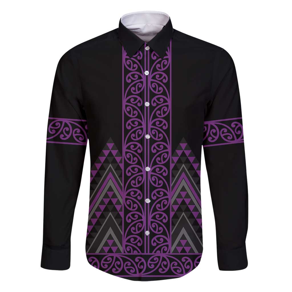 Purple Aotearoa Mangopare Kowhaiwhai and Niho Taniwha Family Matching Long Sleeve Bodycon Dress and Hawaiian Shirt Maori New Zealand LT14 Dad's Shirt - Long Sleeve Purple - Polynesian Pride