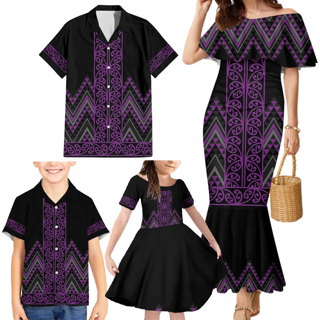 Purple Aotearoa Mangopare Kowhaiwhai and Niho Taniwha Family Matching Mermaid Dress and Hawaiian Shirt Maori New Zealand LT14 - Polynesian Pride