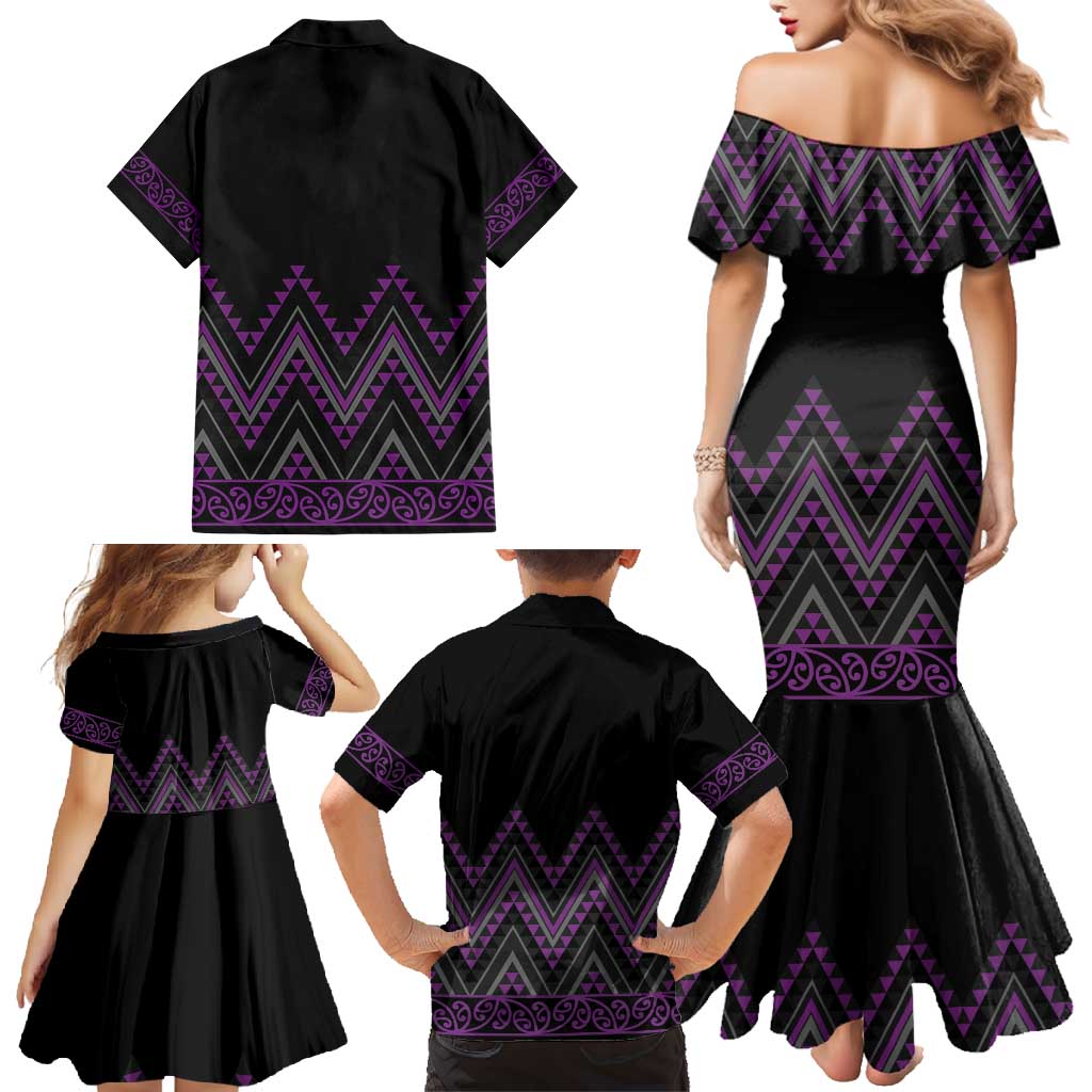 Purple Aotearoa Mangopare Kowhaiwhai and Niho Taniwha Family Matching Mermaid Dress and Hawaiian Shirt Maori New Zealand LT14 - Polynesian Pride