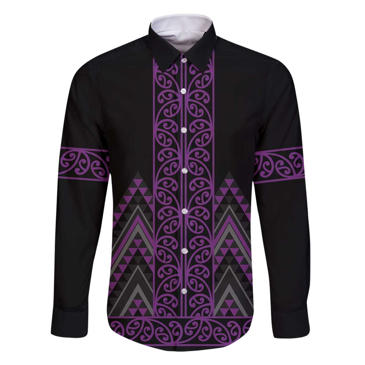 Purple Aotearoa Mangopare Kowhaiwhai and Niho Taniwha Family Matching Off The Shoulder Long Sleeve Dress and Hawaiian Shirt Maori New Zealand LT14 Dad's Shirt - Long Sleeve Purple - Polynesian Pride