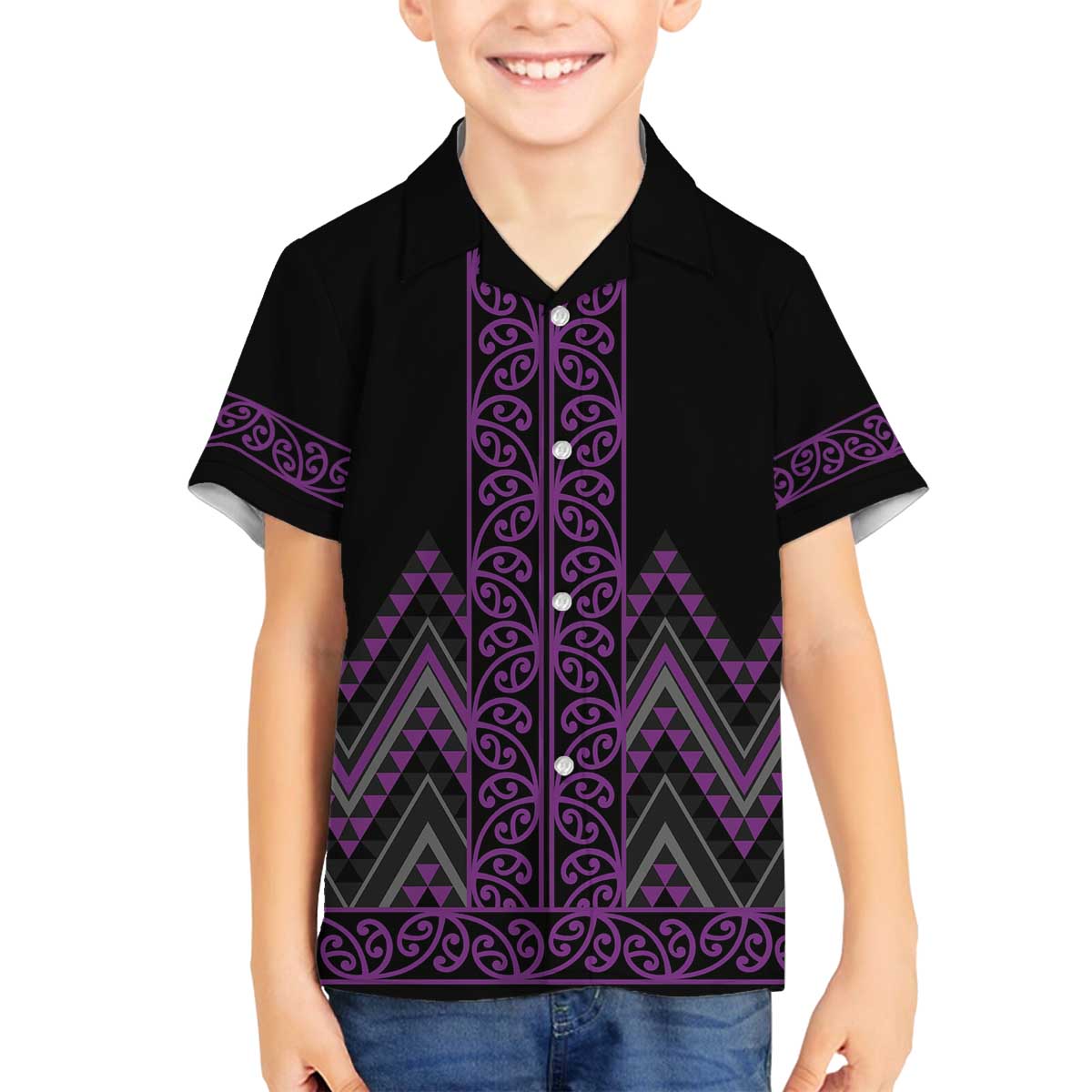 Purple Aotearoa Mangopare Kowhaiwhai and Niho Taniwha Family Matching Off The Shoulder Long Sleeve Dress and Hawaiian Shirt Maori New Zealand LT14 Son's Shirt Purple - Polynesian Pride