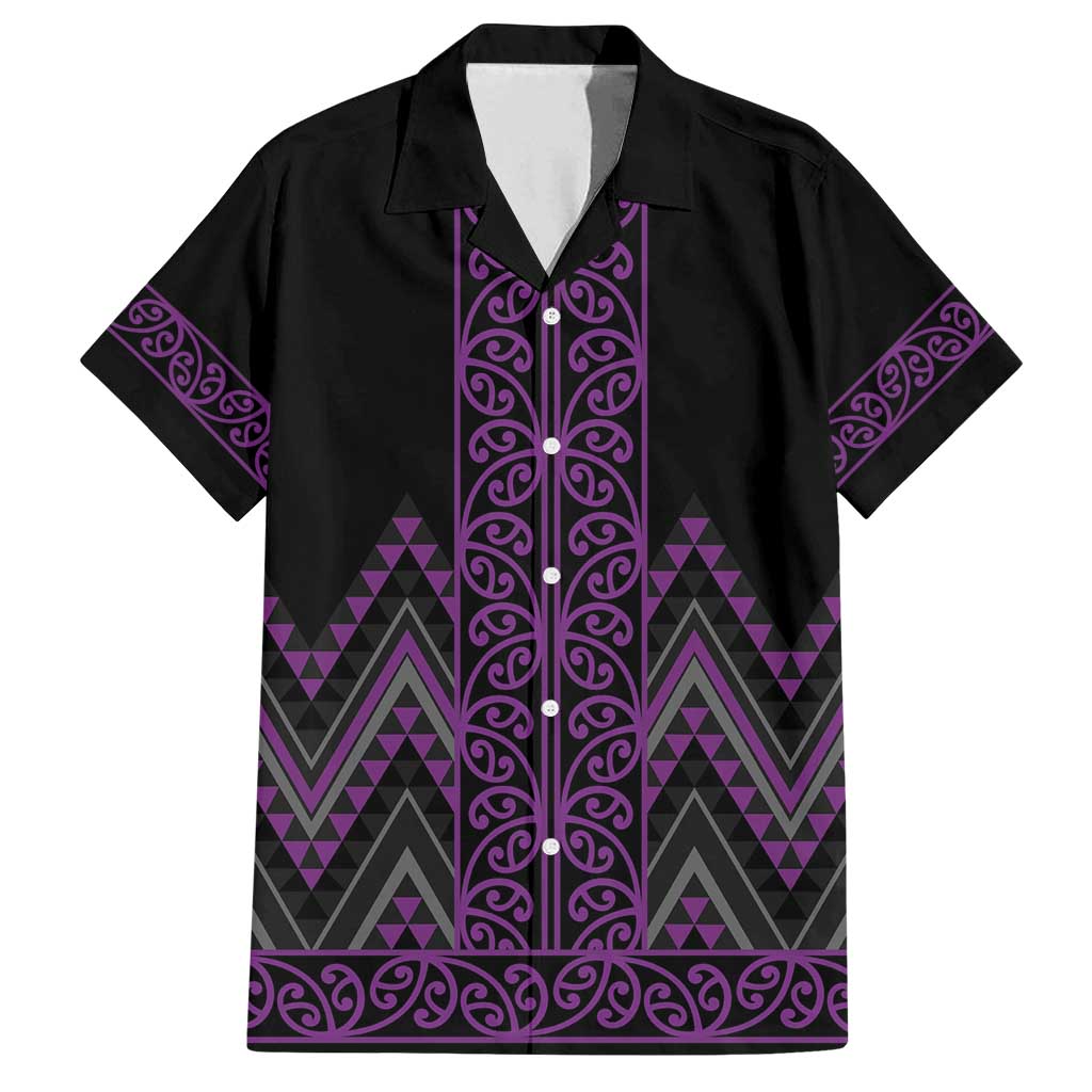 Purple Aotearoa Mangopare Kowhaiwhai and Niho Taniwha Family Matching Off Shoulder Short Dress and Hawaiian Shirt Maori New Zealand