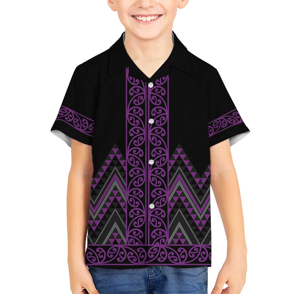 Purple Aotearoa Mangopare Kowhaiwhai and Niho Taniwha Kid Hawaiian Shirt Maori New Zealand