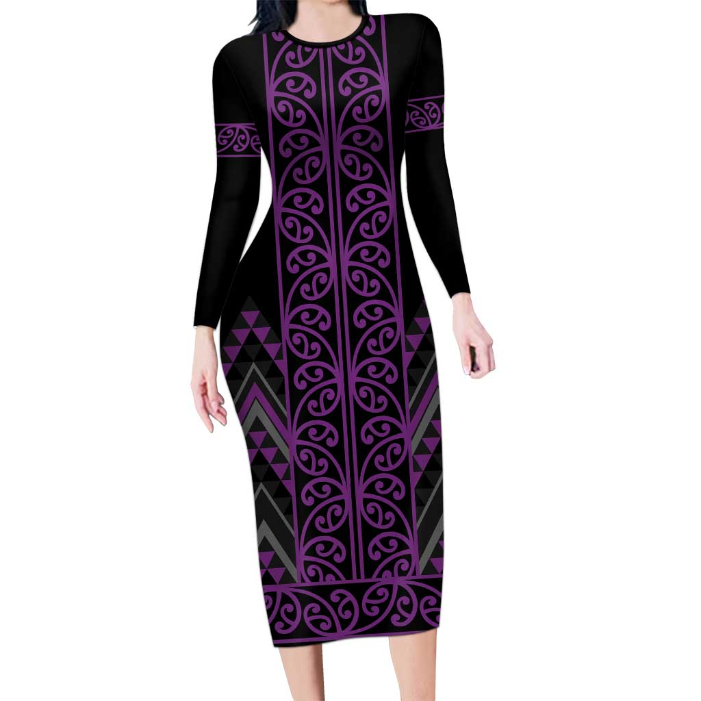 Purple Aotearoa Mangopare Kowhaiwhai and Niho Taniwha Long Sleeve Bodycon Dress Maori New Zealand
