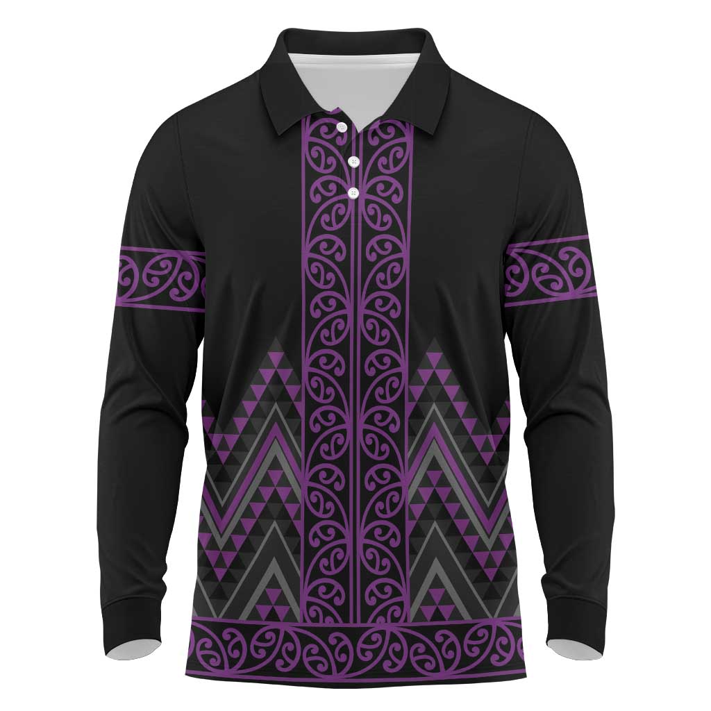 Purple Aotearoa Mangopare Kowhaiwhai and Niho Taniwha Long Sleeve Polo Shirt Maori New Zealand
