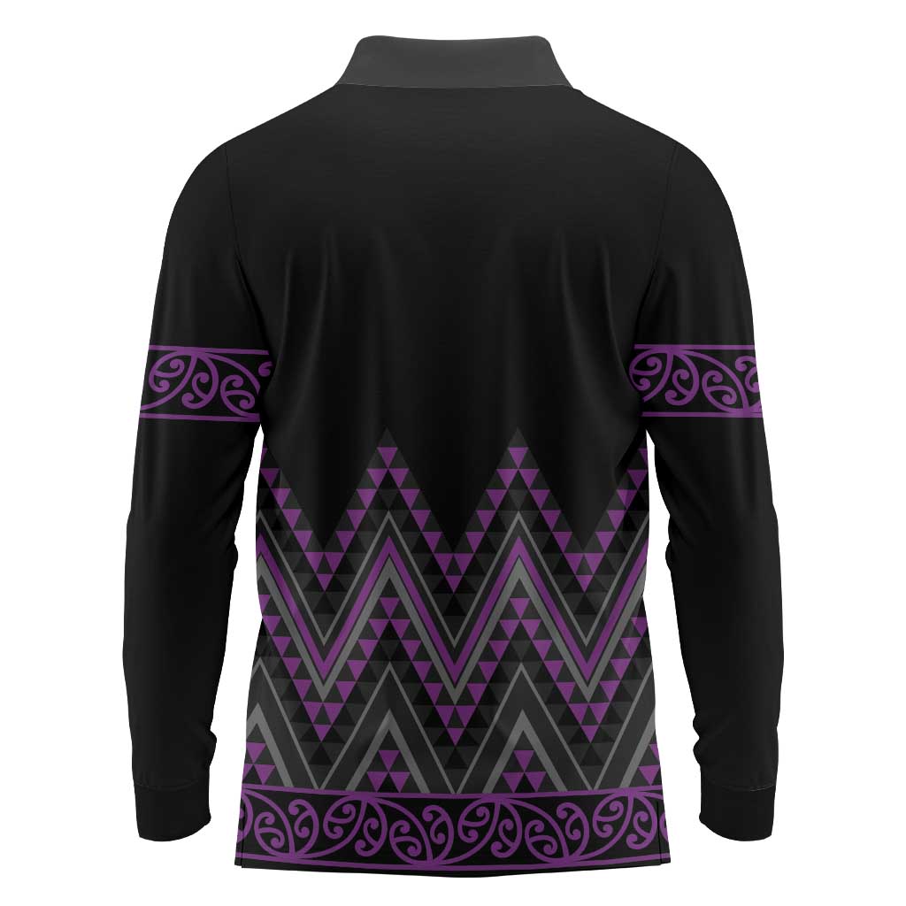 Purple Aotearoa Mangopare Kowhaiwhai and Niho Taniwha Long Sleeve Polo Shirt Maori New Zealand