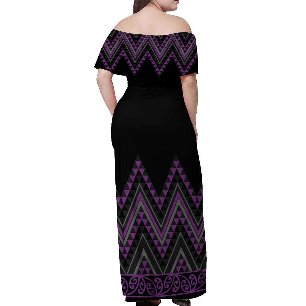 Purple Aotearoa Mangopare Kowhaiwhai and Niho Taniwha Off Shoulder Maxi Dress Maori New Zealand