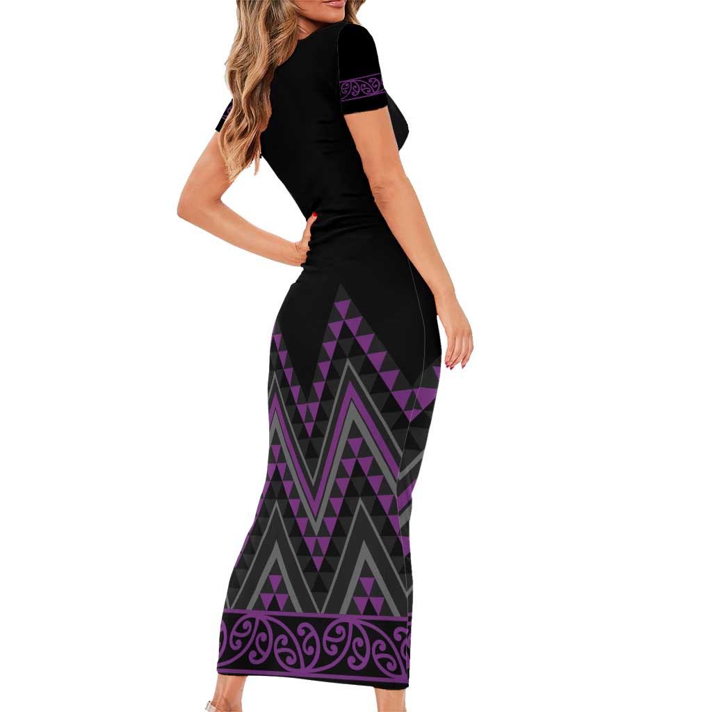 Purple Aotearoa Mangopare Kowhaiwhai and Niho Taniwha Short Sleeve Bodycon Dress Maori New Zealand