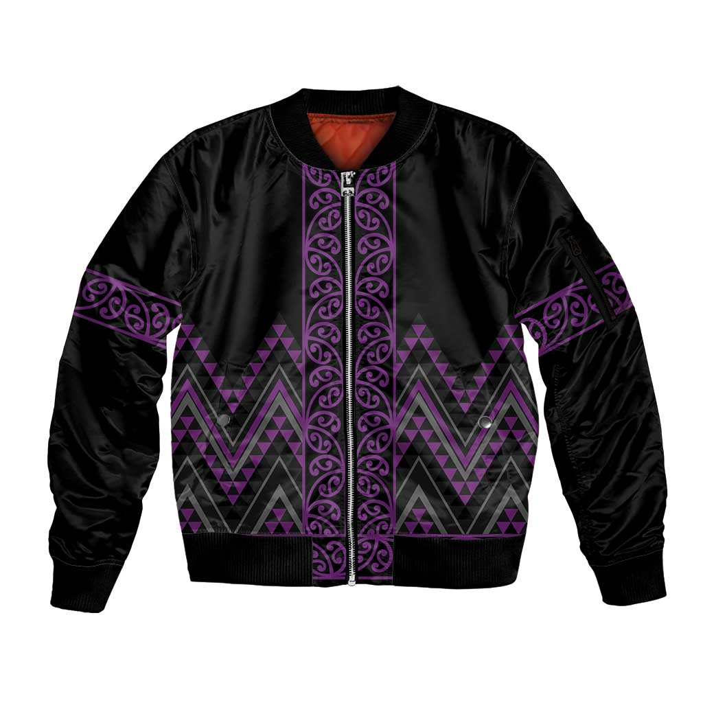 Purple Aotearoa Mangopare Kowhaiwhai and Niho Taniwha Sleeve Zip Bomber Jacket Maori New Zealand