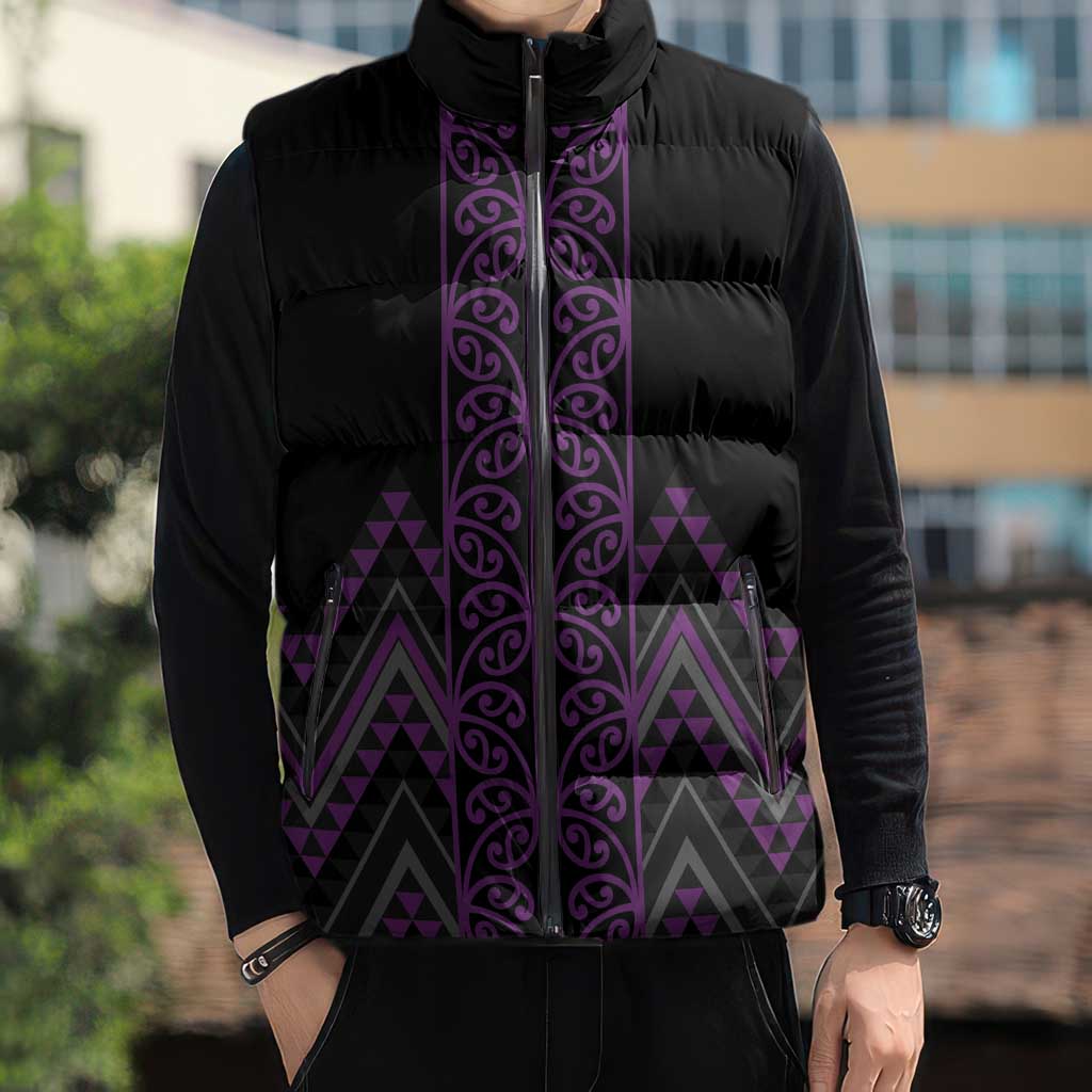 Purple Aotearoa Mangopare Kowhaiwhai Niho Taniwha Sleeveless Puffer Jacket Maori New Zealand - Polynesian Pride