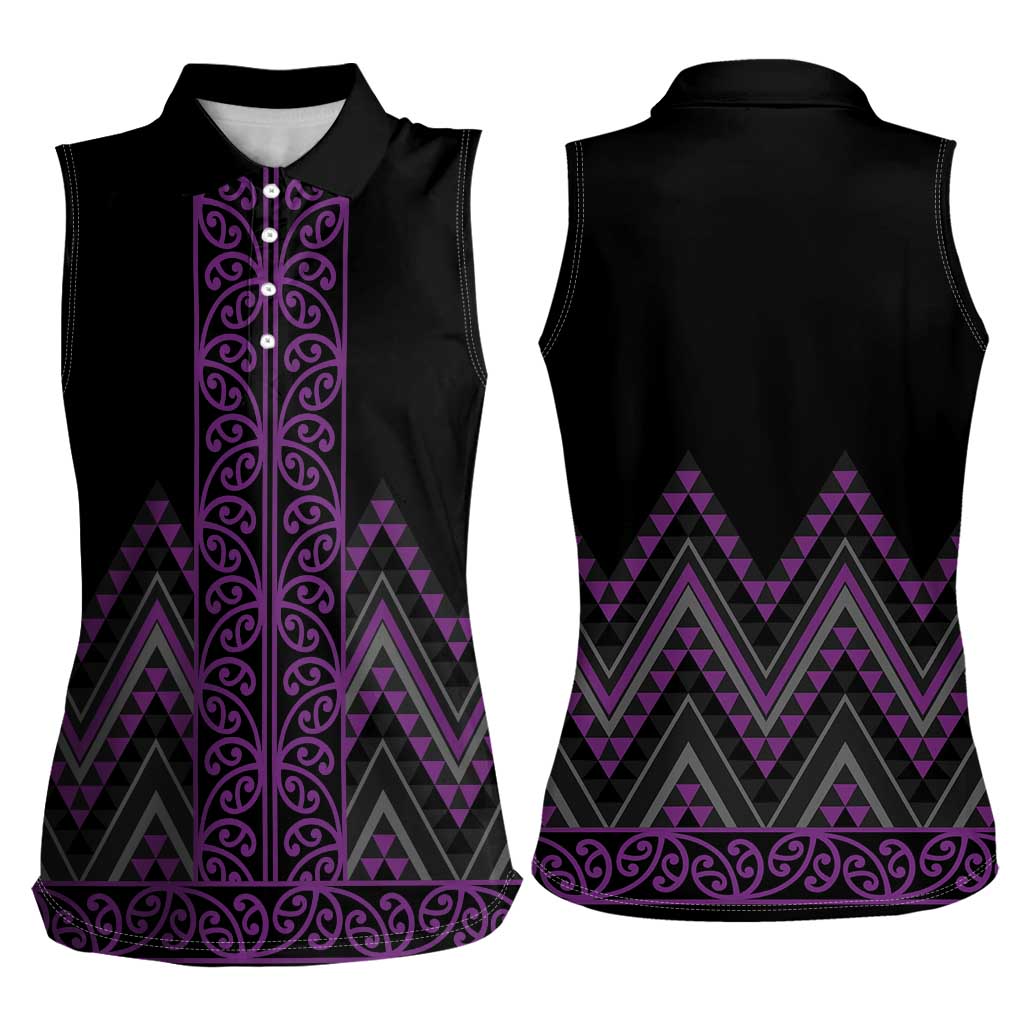 Purple Aotearoa Mangopare Kowhaiwhai and Niho Taniwha Women Sleeveless Polo Shirt Maori New Zealand