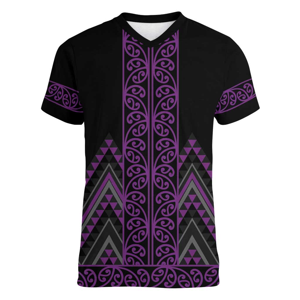 Purple Aotearoa Mangopare Kowhaiwhai and Niho Taniwha Women V-Neck T-Shirt Maori New Zealand