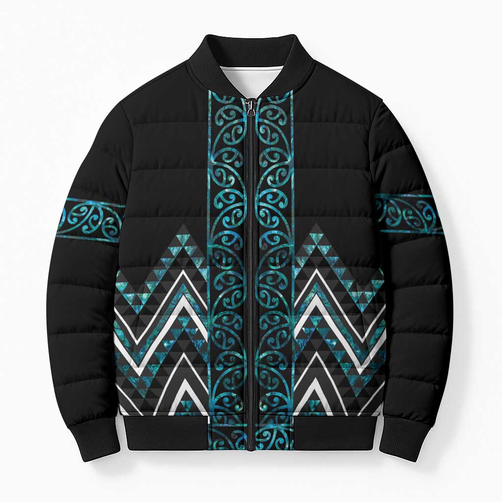 Paua Shell Aotearoa Mangopare Kowhaiwhai Niho Taniwha Bomber Puffer Jacket Maori New Zealand LT14 Unisex Turquoise - Polynesian Pride