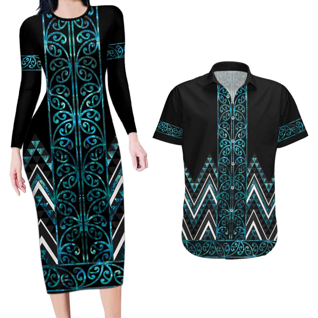 Paua Shell Aotearoa Mangopare Kowhaiwhai and Niho Taniwha Couples Matching Long Sleeve Bodycon Dress and Hawaiian Shirt Maori New Zealand LT14 Turquoise - Polynesian Pride