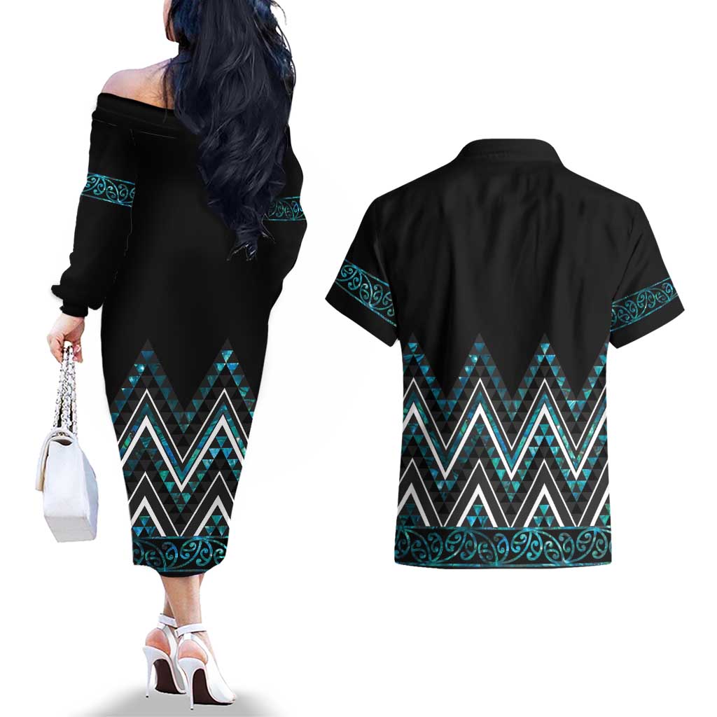 Paua Shell Aotearoa Mangopare Kowhaiwhai and Niho Taniwha Couples Matching Off The Shoulder Long Sleeve Dress and Hawaiian Shirt Maori New Zealand LT14 - Polynesian Pride