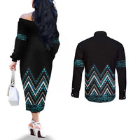 Paua Shell Aotearoa Mangopare Kowhaiwhai and Niho Taniwha Couples Matching Off The Shoulder Long Sleeve Dress and Long Sleeve Button Shirt Maori New Zealand LT14 - Polynesian Pride