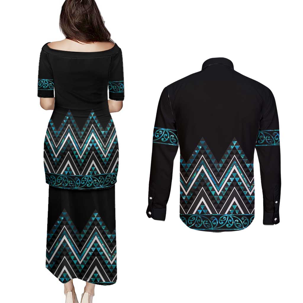 Paua Shell Aotearoa Mangopare Kowhaiwhai and Niho Taniwha Couples Matching Puletasi and Long Sleeve Button Shirt Maori New Zealand LT14 - Polynesian Pride