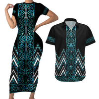 Paua Shell Aotearoa Mangopare Kowhaiwhai and Niho Taniwha Couples Matching Short Sleeve Bodycon Dress and Hawaiian Shirt Maori New Zealand LT14 Turquoise - Polynesian Pride