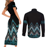 Paua Shell Aotearoa Mangopare Kowhaiwhai and Niho Taniwha Couples Matching Short Sleeve Bodycon Dress and Long Sleeve Button Shirt Maori New Zealand LT14 - Polynesian Pride