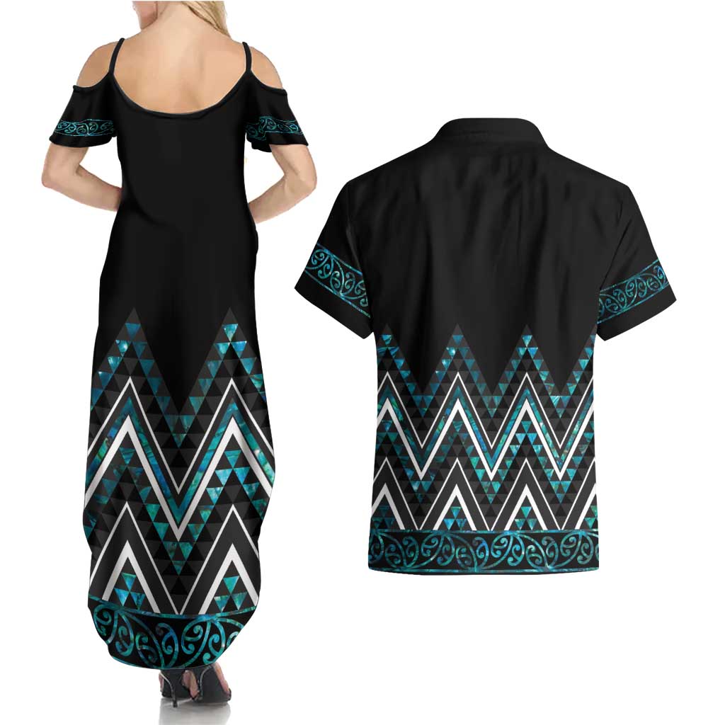 Paua Shell Aotearoa Mangopare Kowhaiwhai and Niho Taniwha Couples Matching Summer Maxi Dress and Hawaiian Shirt Maori New Zealand LT14 - Polynesian Pride