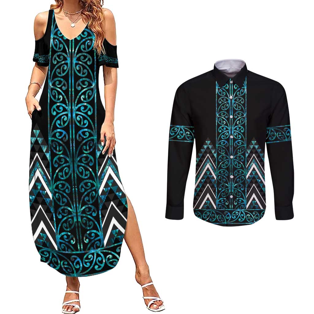 Paua Shell Aotearoa Mangopare Kowhaiwhai and Niho Taniwha Couples Matching Summer Maxi Dress and Long Sleeve Button Shirt Maori New Zealand