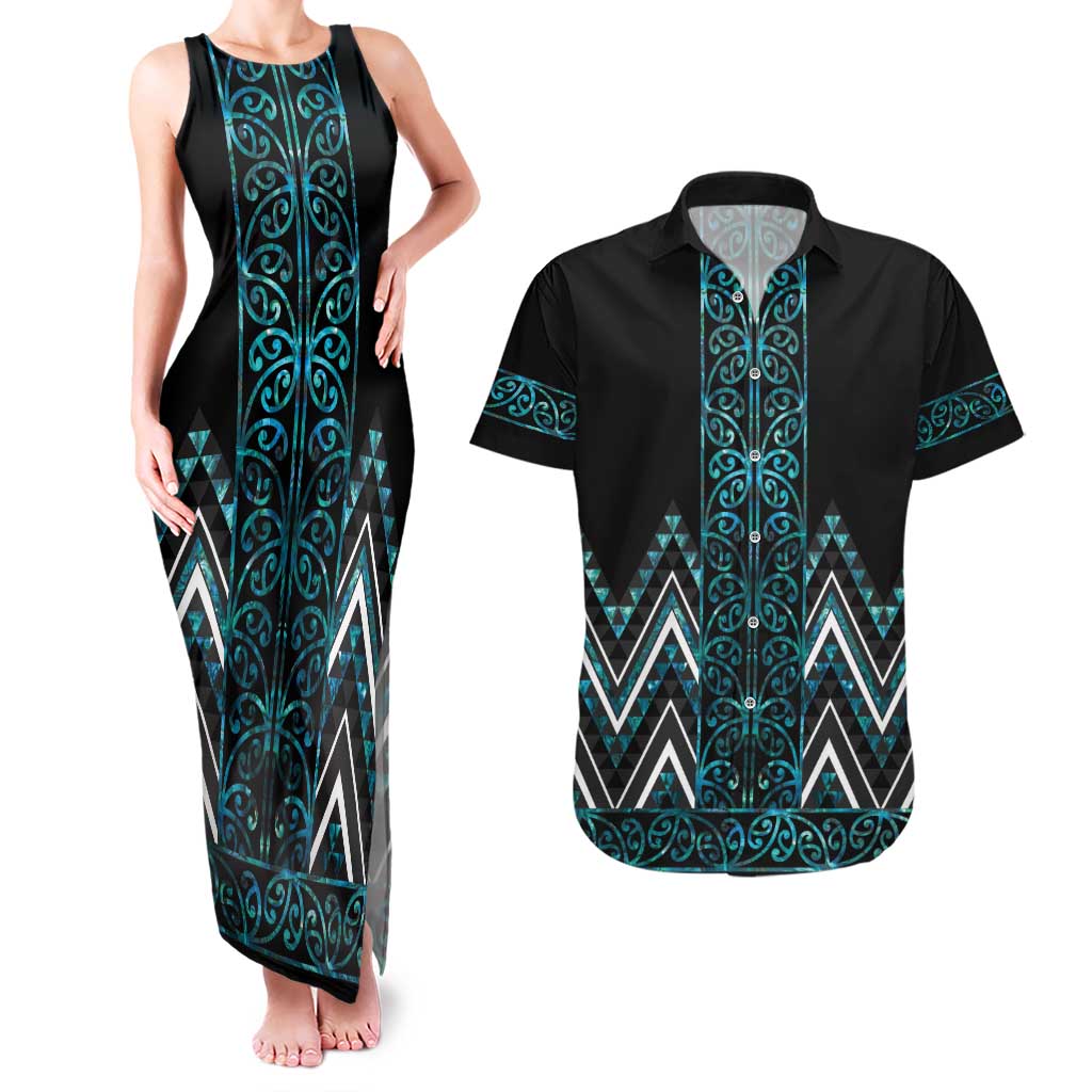 Paua Shell Aotearoa Mangopare Kowhaiwhai and Niho Taniwha Couples Matching Tank Maxi Dress and Hawaiian Shirt Maori New Zealand LT14 Turquoise - Polynesian Pride