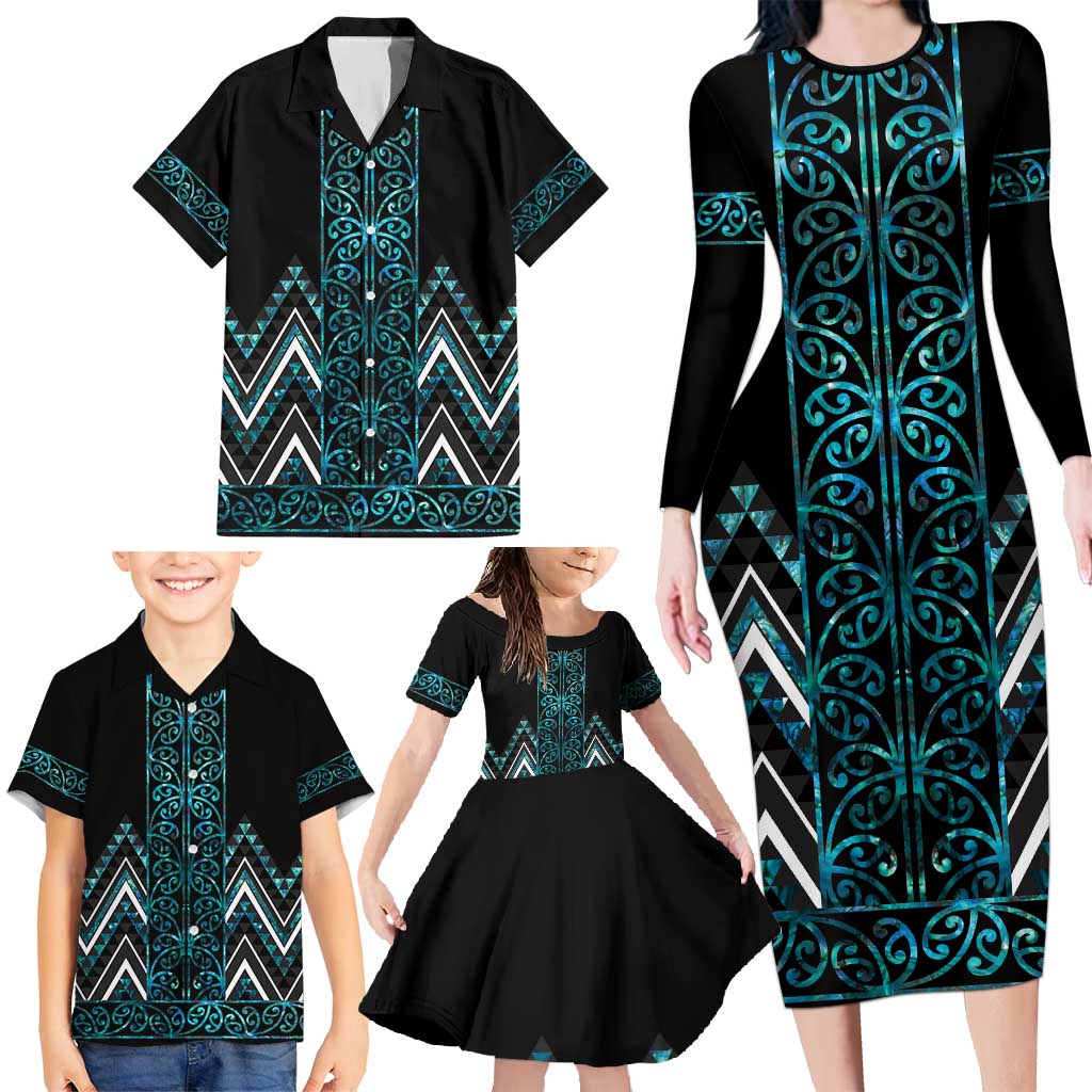 Paua Shell Aotearoa Mangopare Kowhaiwhai and Niho Taniwha Family Matching Long Sleeve Bodycon Dress and Hawaiian Shirt Maori New Zealand LT14 - Polynesian Pride
