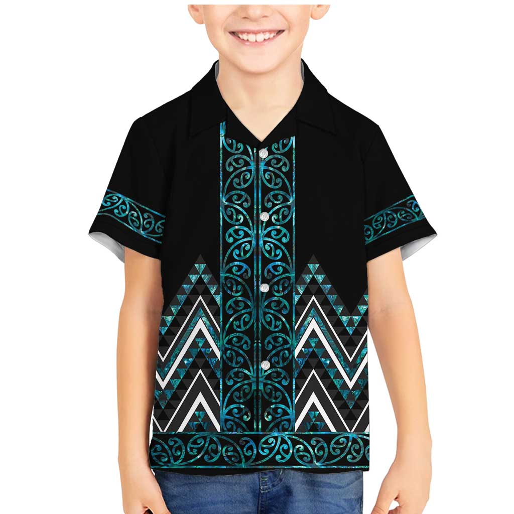 Paua Shell Aotearoa Mangopare Kowhaiwhai and Niho Taniwha Family Matching Mermaid Dress and Hawaiian Shirt Maori New Zealand LT14 Son's Shirt Turquoise - Polynesian Pride