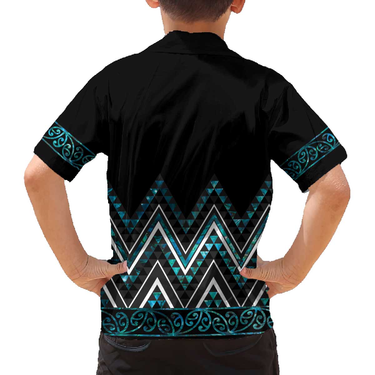 Paua Shell Aotearoa Mangopare Kowhaiwhai and Niho Taniwha Family Matching Off The Shoulder Long Sleeve Dress and Hawaiian Shirt Maori New Zealand LT14 - Polynesian Pride