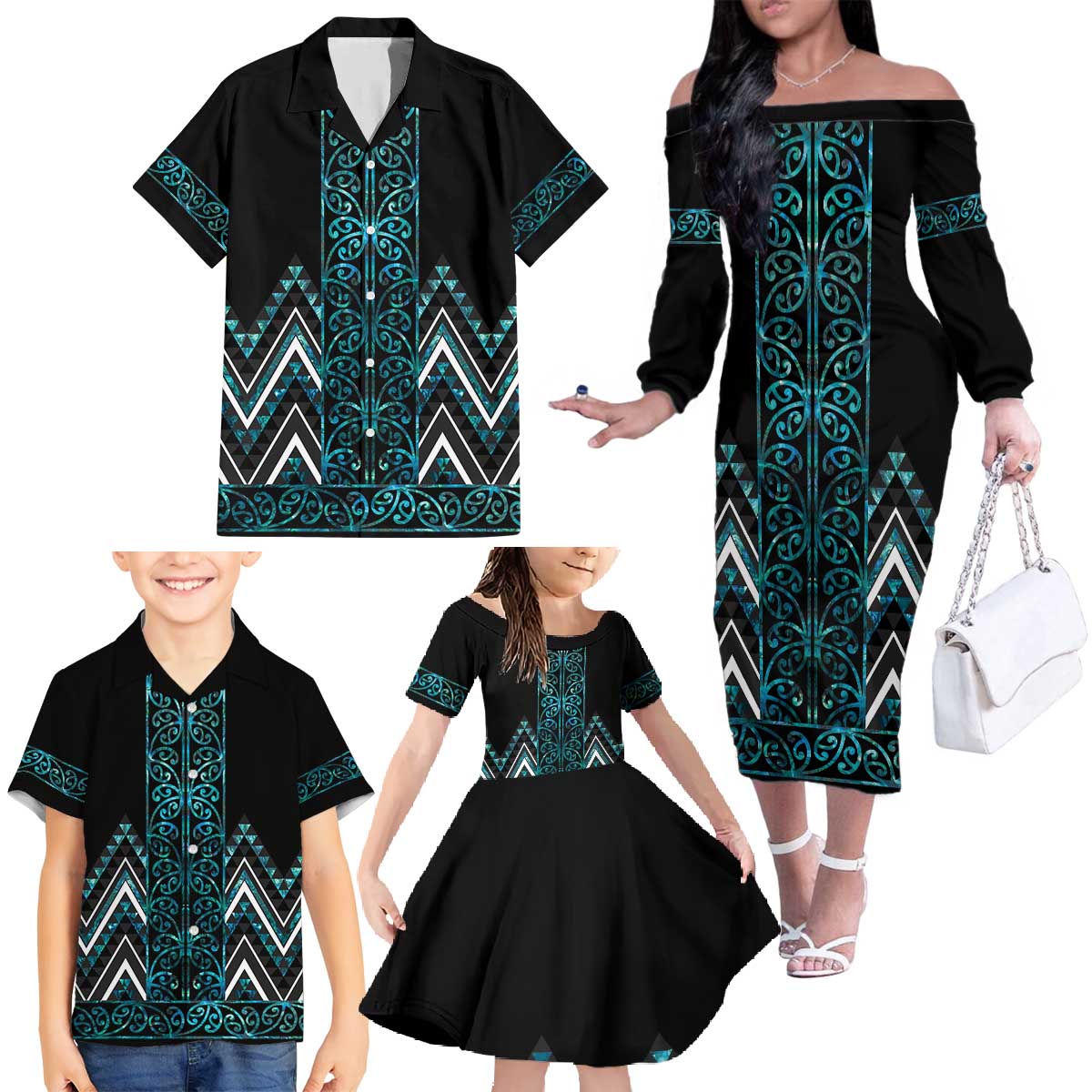 Paua Shell Aotearoa Mangopare Kowhaiwhai and Niho Taniwha Family Matching Off The Shoulder Long Sleeve Dress and Hawaiian Shirt Maori New Zealand LT14 - Polynesian Pride