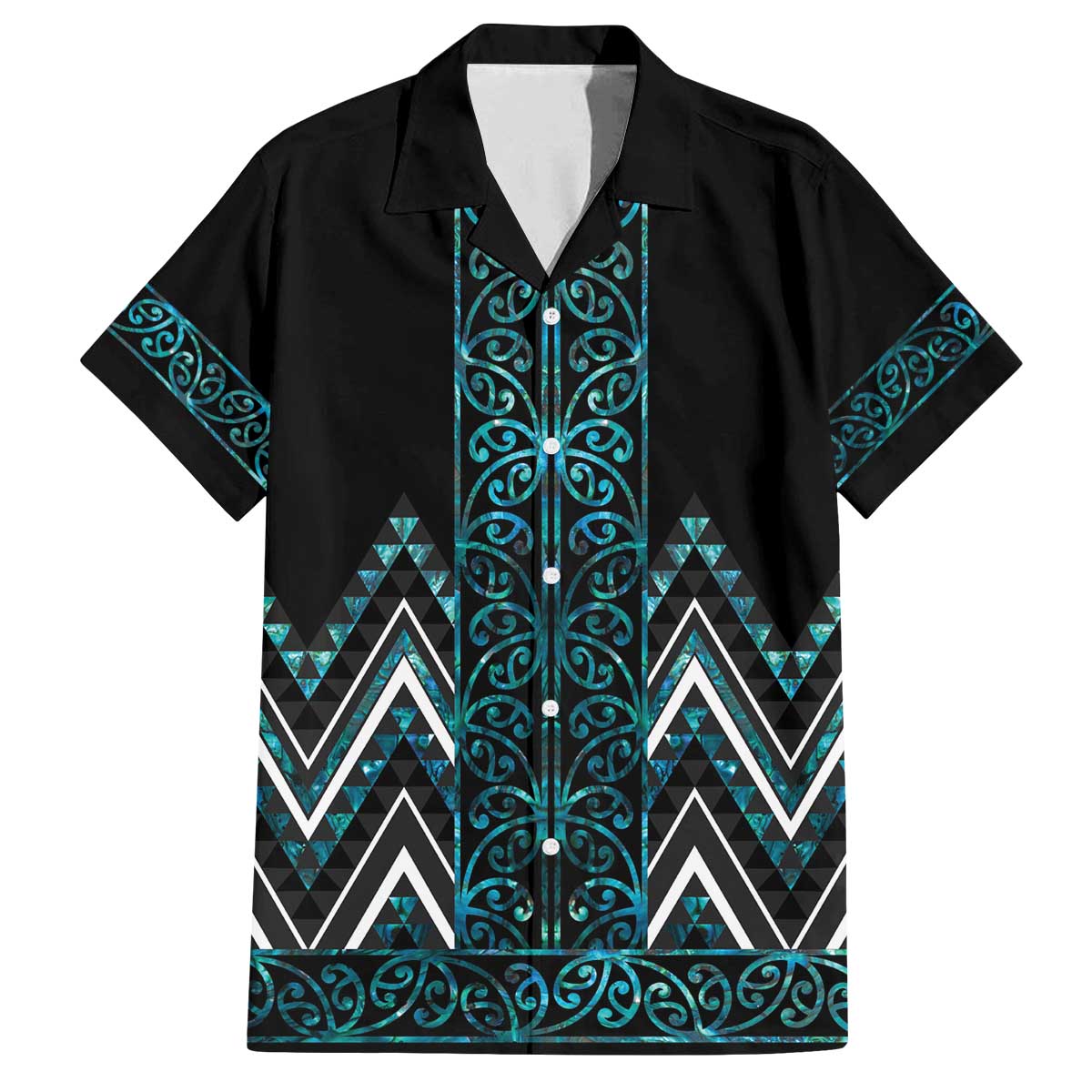Paua Shell Aotearoa Mangopare Kowhaiwhai and Niho Taniwha Family Matching Off The Shoulder Long Sleeve Dress and Hawaiian Shirt Maori New Zealand LT14 Dad's Shirt - Short Sleeve Turquoise - Polynesian Pride