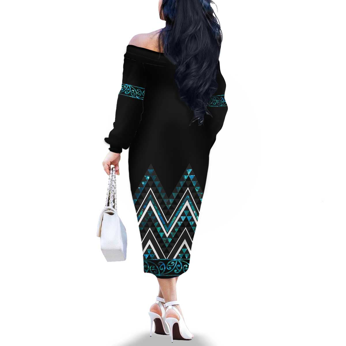 Paua Shell Aotearoa Mangopare Kowhaiwhai and Niho Taniwha Family Matching Off The Shoulder Long Sleeve Dress and Hawaiian Shirt Maori New Zealand LT14 - Polynesian Pride
