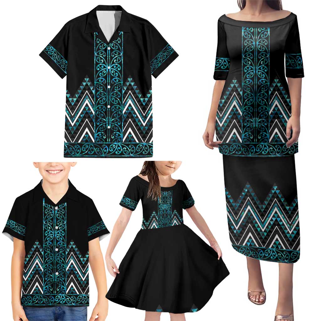 Paua Shell Aotearoa Mangopare Kowhaiwhai and Niho Taniwha Family Matching Puletasi and Hawaiian Shirt Maori New Zealand LT14 - Polynesian Pride