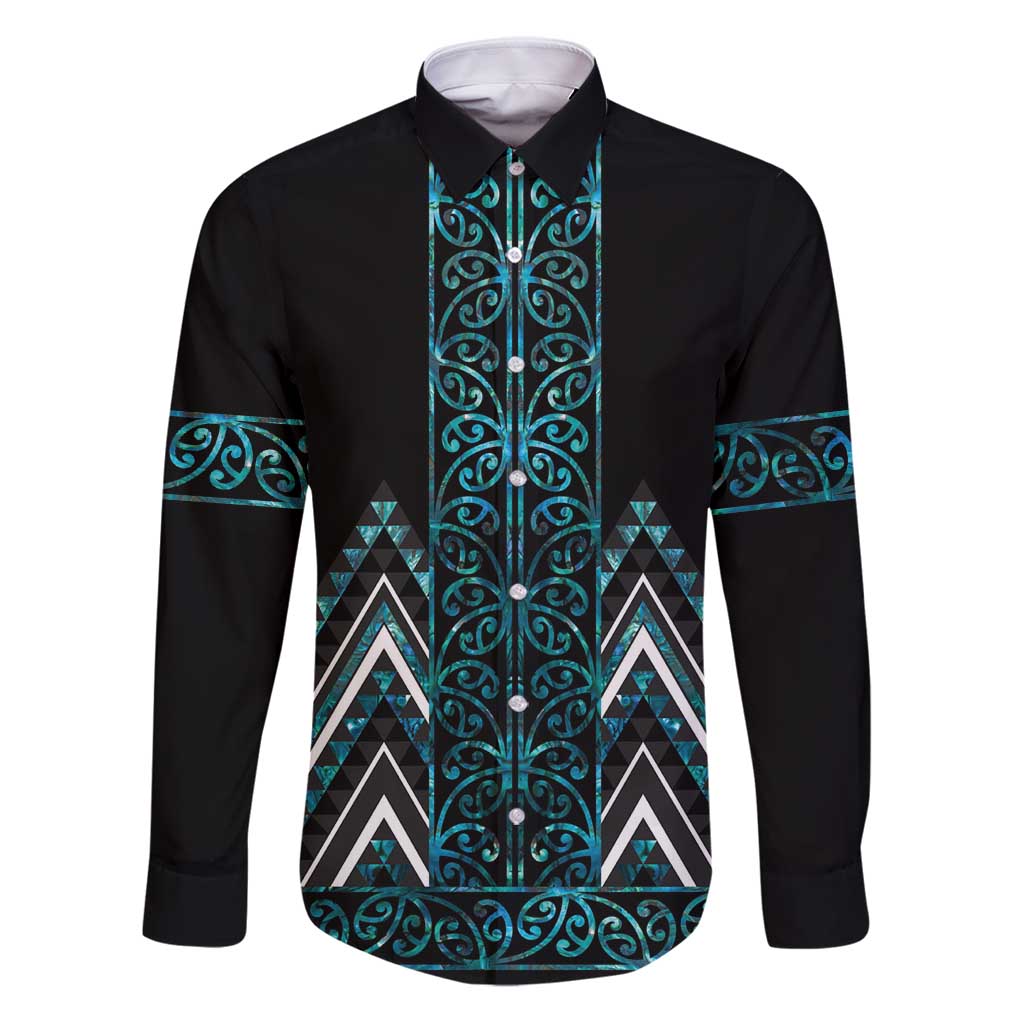 Paua Shell Aotearoa Mangopare Kowhaiwhai and Niho Taniwha Family Matching Puletasi and Hawaiian Shirt Maori New Zealand LT14 Dad's Shirt - Long Sleeve Turquoise - Polynesian Pride