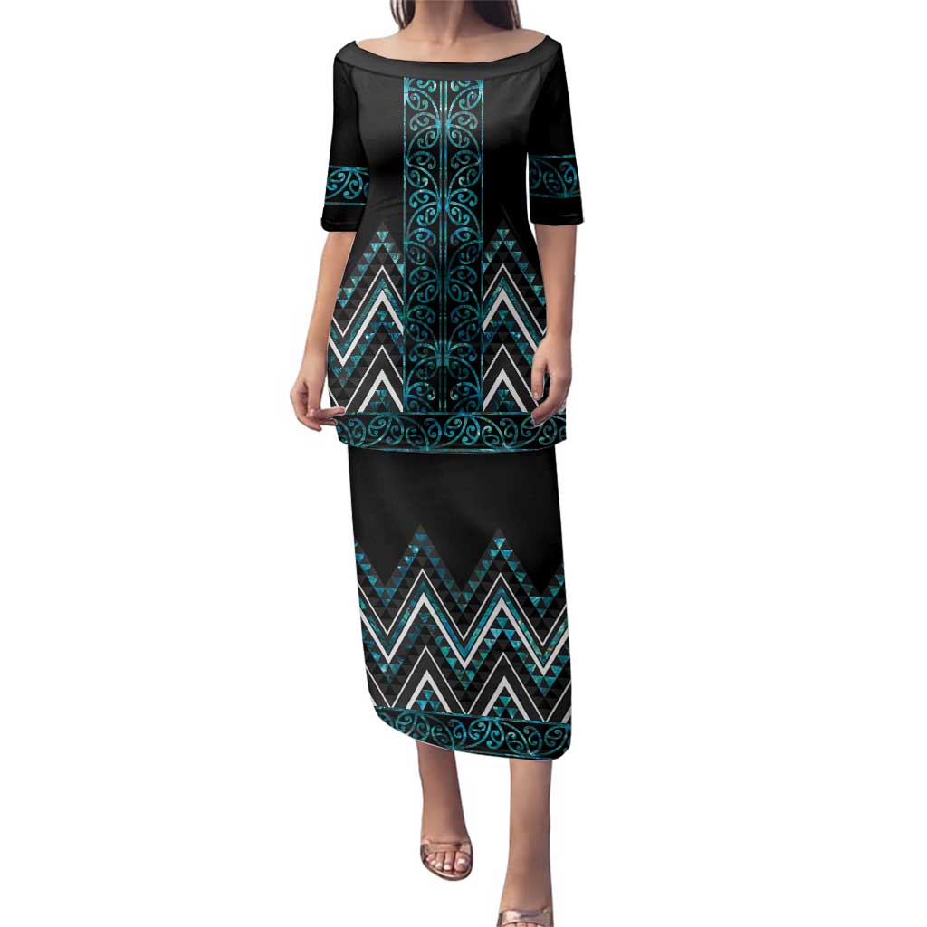 Paua Shell Aotearoa Mangopare Kowhaiwhai and Niho Taniwha Family Matching Puletasi and Hawaiian Shirt Maori New Zealand LT14 Mom's Dress Turquoise - Polynesian Pride