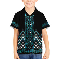 Paua Shell Aotearoa Mangopare Kowhaiwhai and Niho Taniwha Family Matching Puletasi and Hawaiian Shirt Maori New Zealand LT14 Son's Shirt Turquoise - Polynesian Pride