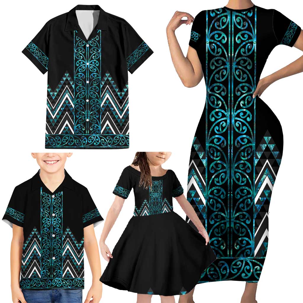 Paua Shell Aotearoa Mangopare Kowhaiwhai and Niho Taniwha Family Matching Short Sleeve Bodycon Dress and Hawaiian Shirt Maori New Zealand LT14 - Polynesian Pride
