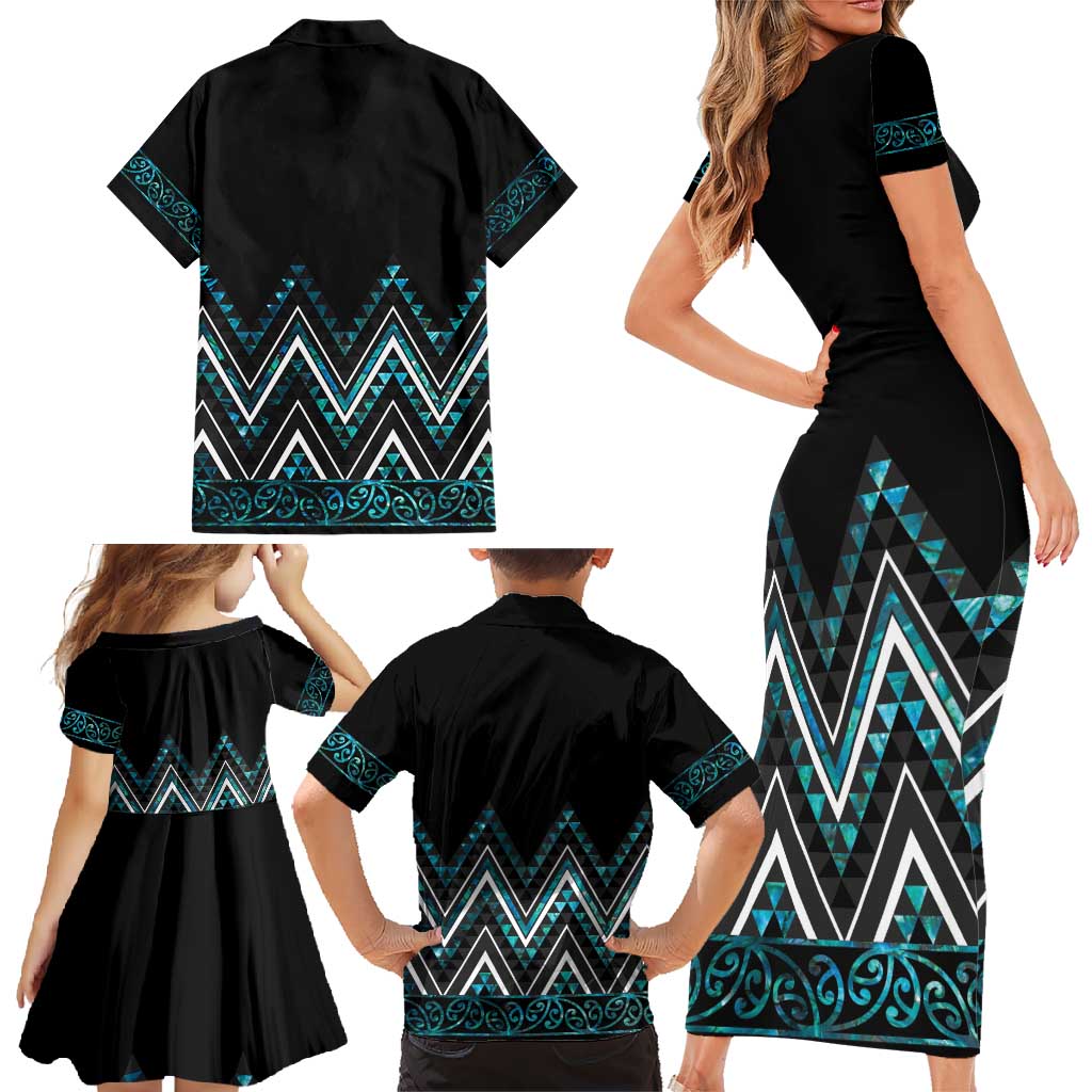 Paua Shell Aotearoa Mangopare Kowhaiwhai and Niho Taniwha Family Matching Short Sleeve Bodycon Dress and Hawaiian Shirt Maori New Zealand LT14 - Polynesian Pride