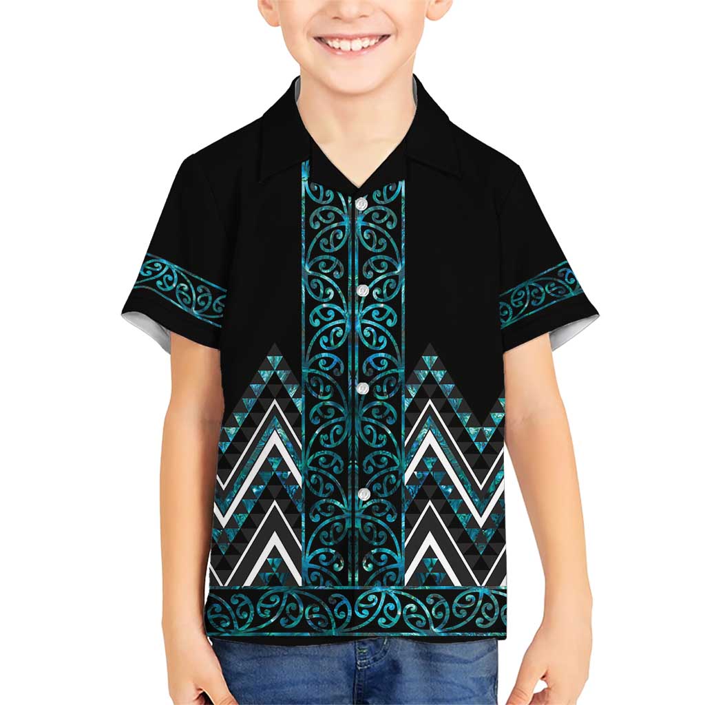 Paua Shell Aotearoa Mangopare Kowhaiwhai and Niho Taniwha Family Matching Short Sleeve Bodycon Dress and Hawaiian Shirt Maori New Zealand LT14 Son's Shirt Turquoise - Polynesian Pride