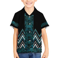 Paua Shell Aotearoa Mangopare Kowhaiwhai and Niho Taniwha Family Matching Short Sleeve Bodycon Dress and Hawaiian Shirt Maori New Zealand LT14 Son's Shirt Turquoise - Polynesian Pride